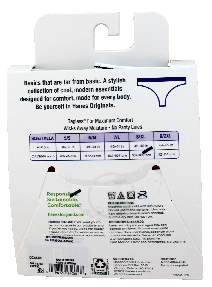 HANES Original Size 7 / L 3-pack Multi-Colors 95% Cotton Women’s Thong Panties