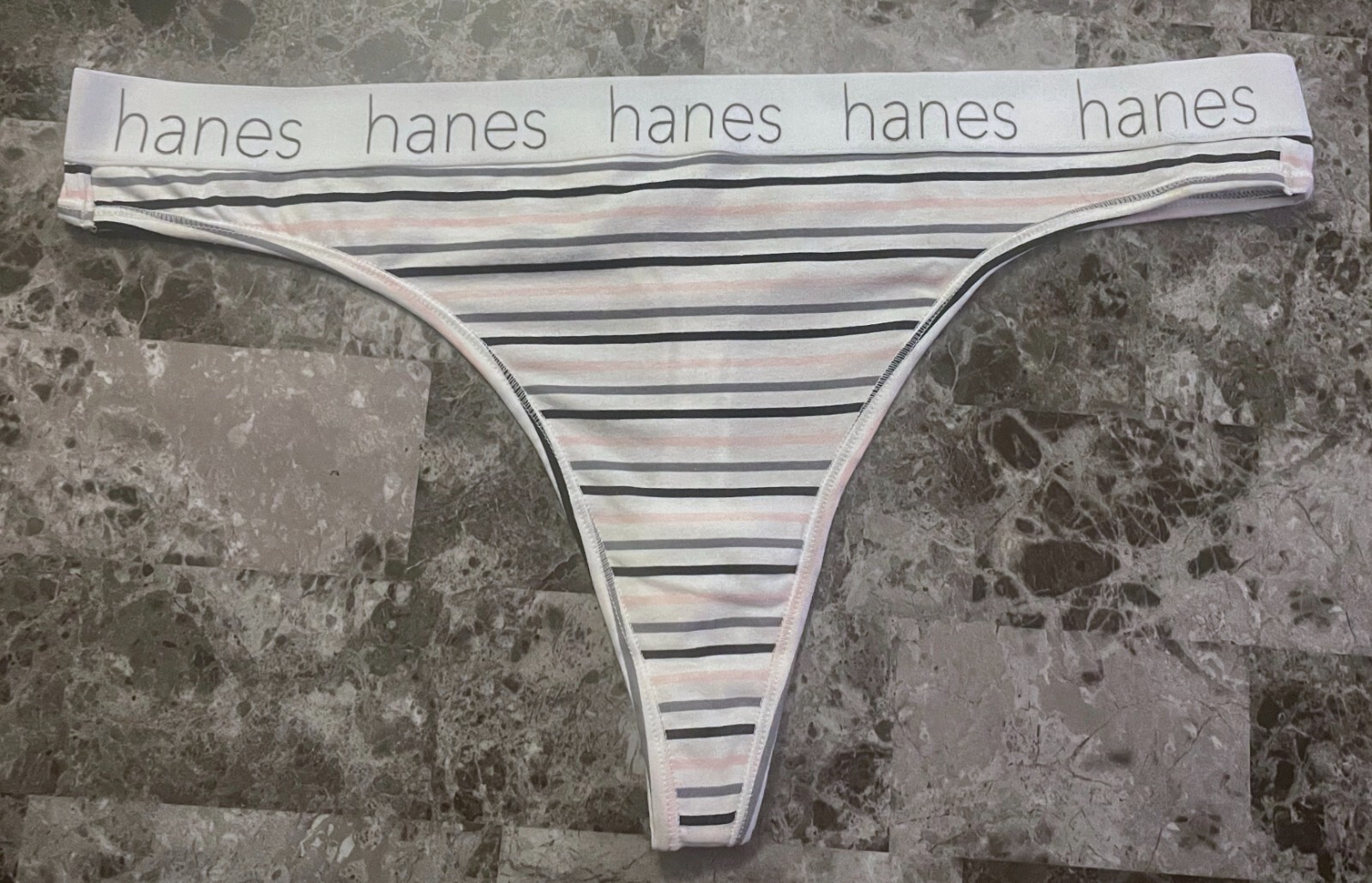 HANES 9/2XL PINK GRAY STRIPE THICK LOGO BAND COTTON BLEND STRETCH THONG PANTIES