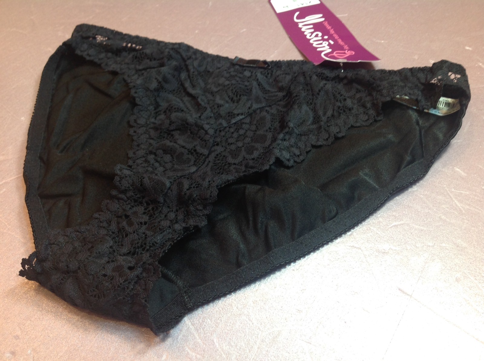 Women Panties Bikinis ILUSION Size XL Black Soft Floral Fishnet W/satin Back