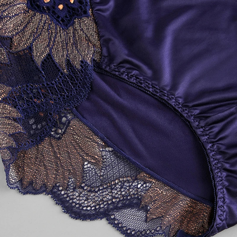 Floral Embroidery Briefs Mid Rise Satin Feel Breathable Panties Women Soft