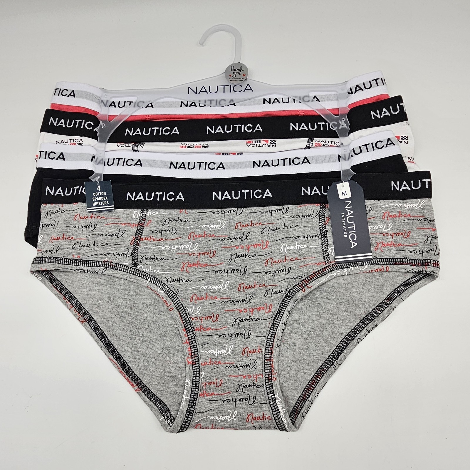 4 Pack NAUTICA Womens S M L Logo Cotton Hipsters Panties Red White Black Gray