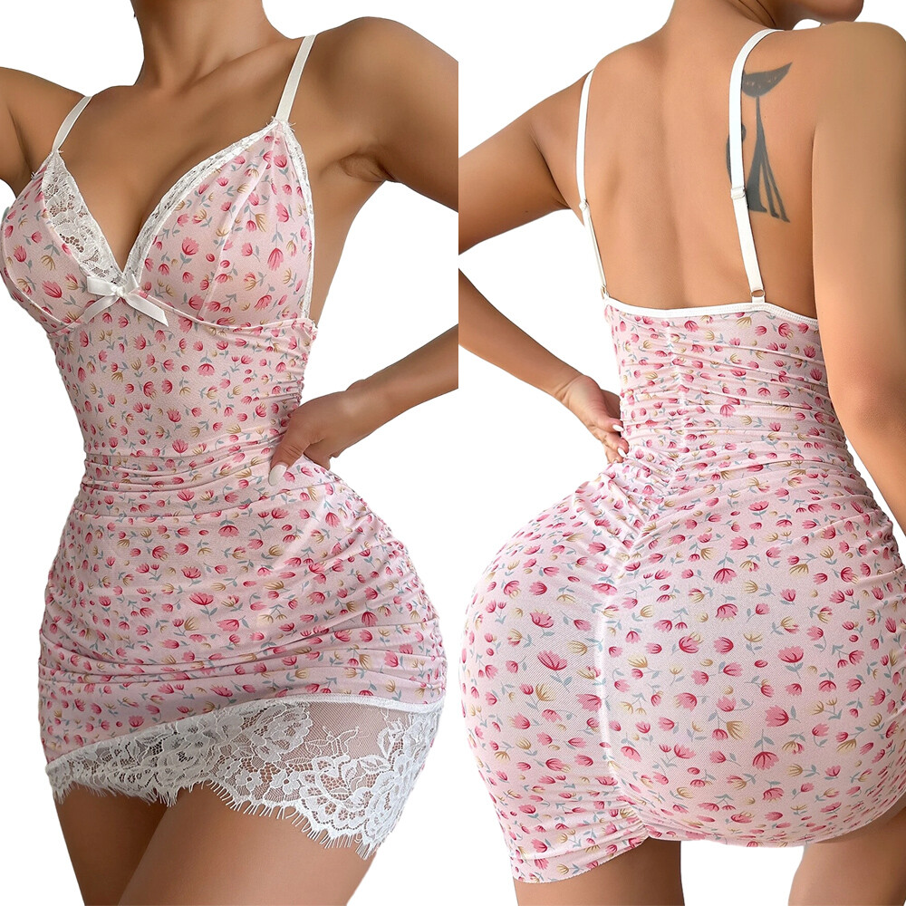 Sexy Ruched Bodycon Mesh Lace Floral Embroidered Sheer Babydoll Lingerie Set US