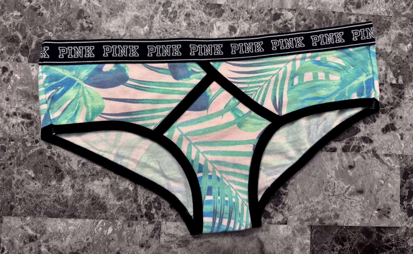 NWT VICTORIA’S SECRET PINK S GREEN BLUE PALM FERN LOGO BAND RARE HIPSTER PANTIES
