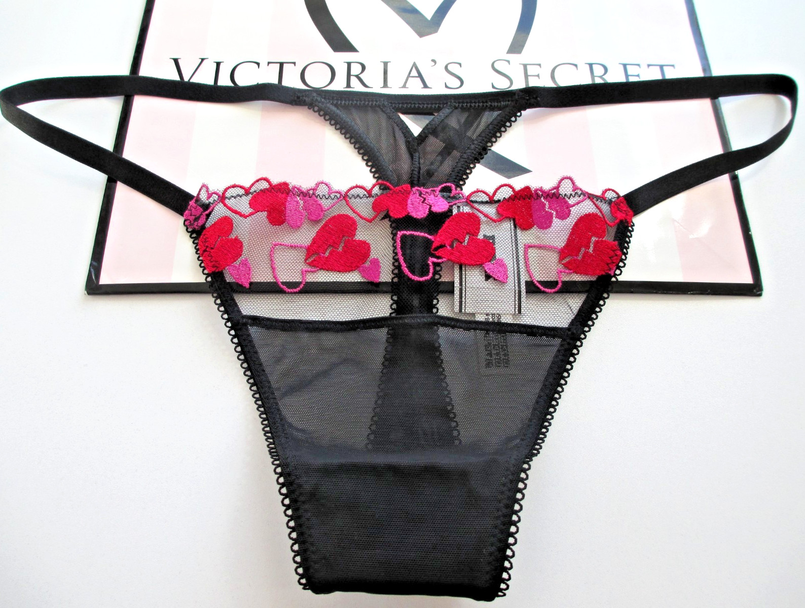 VICTORIA’S SECRET PINK Wink Thong Panty S M L XL Black Red Hearts Embroidery NWT