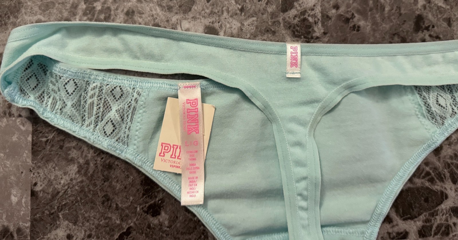 NWT VICTORIA’S SECRET PINK LARGE AQUA GEO LACE RARE THONG PANTIES *RUNS SMALL*