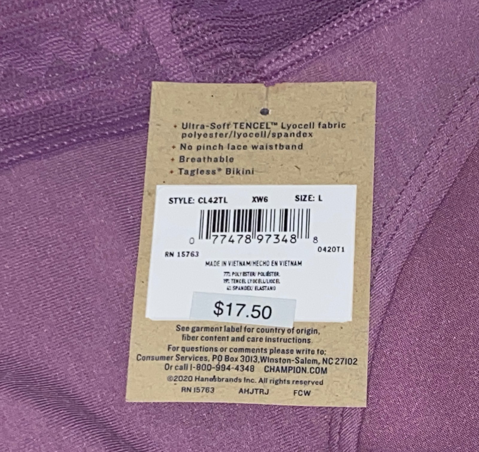 CHAMPION Wide Lace Logo Waistband Lavender Bikini Panty Womens S 5 L 7 CL42TL