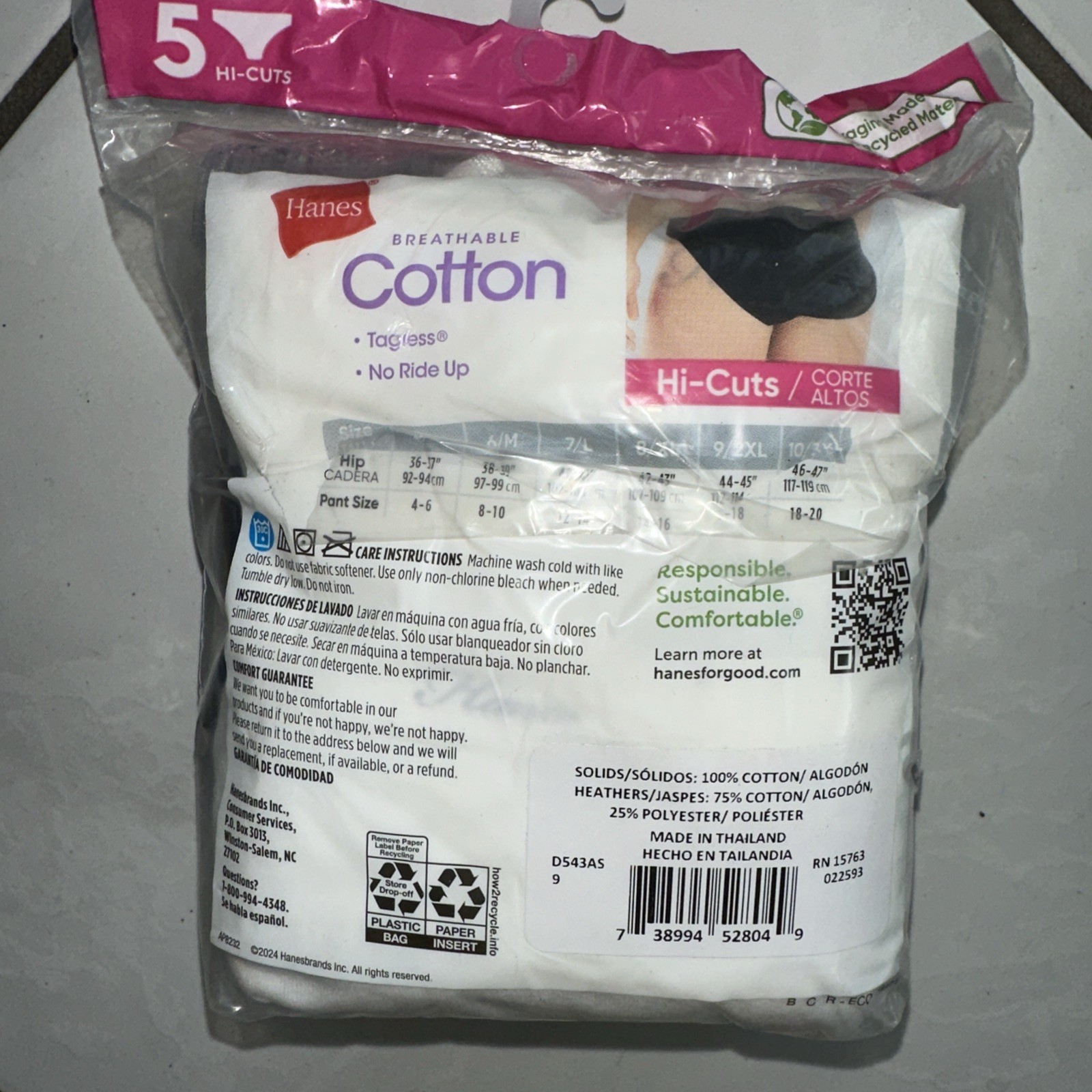 Hanes Womens Tagless Breathable Cotton Hi-Cuts 5-Pack Size 9/2XL Comfort Fit