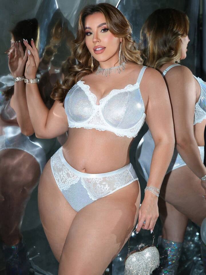 Sexy Shiny Metallic Lame’ Silver Bra & Bikini Panties Lingerie Set PLUS 4XL NEW