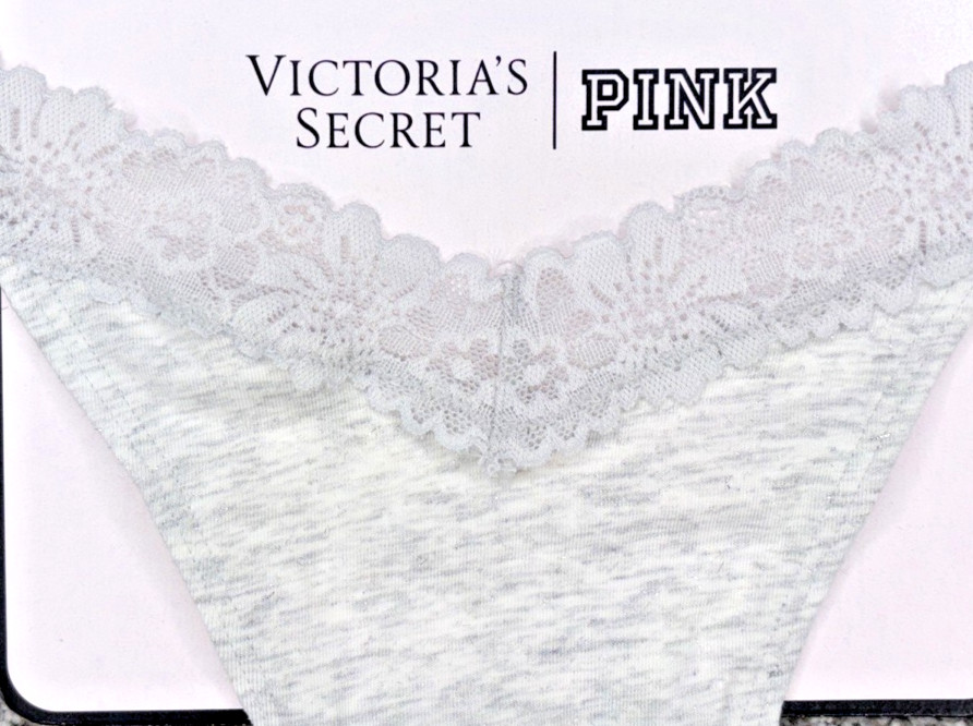 Victoria’s Secret PINK NWT Medium Gray Shimmer Lace Trim Thong Panty Sexy Cute