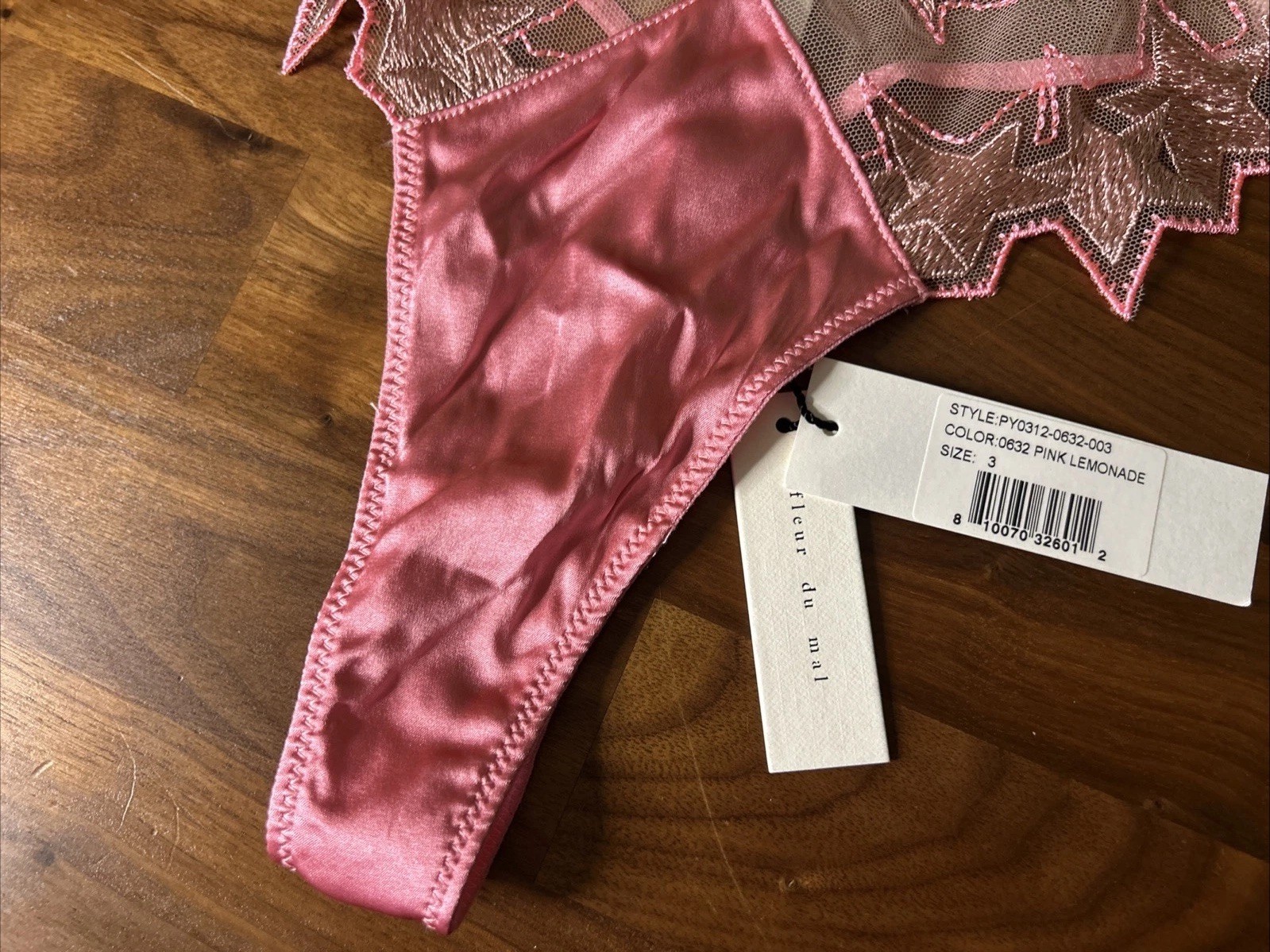 Fleur Du Mal Women’s Pink Lemonade Silk Lily Lace Low-Rise Thong Panties Size 3