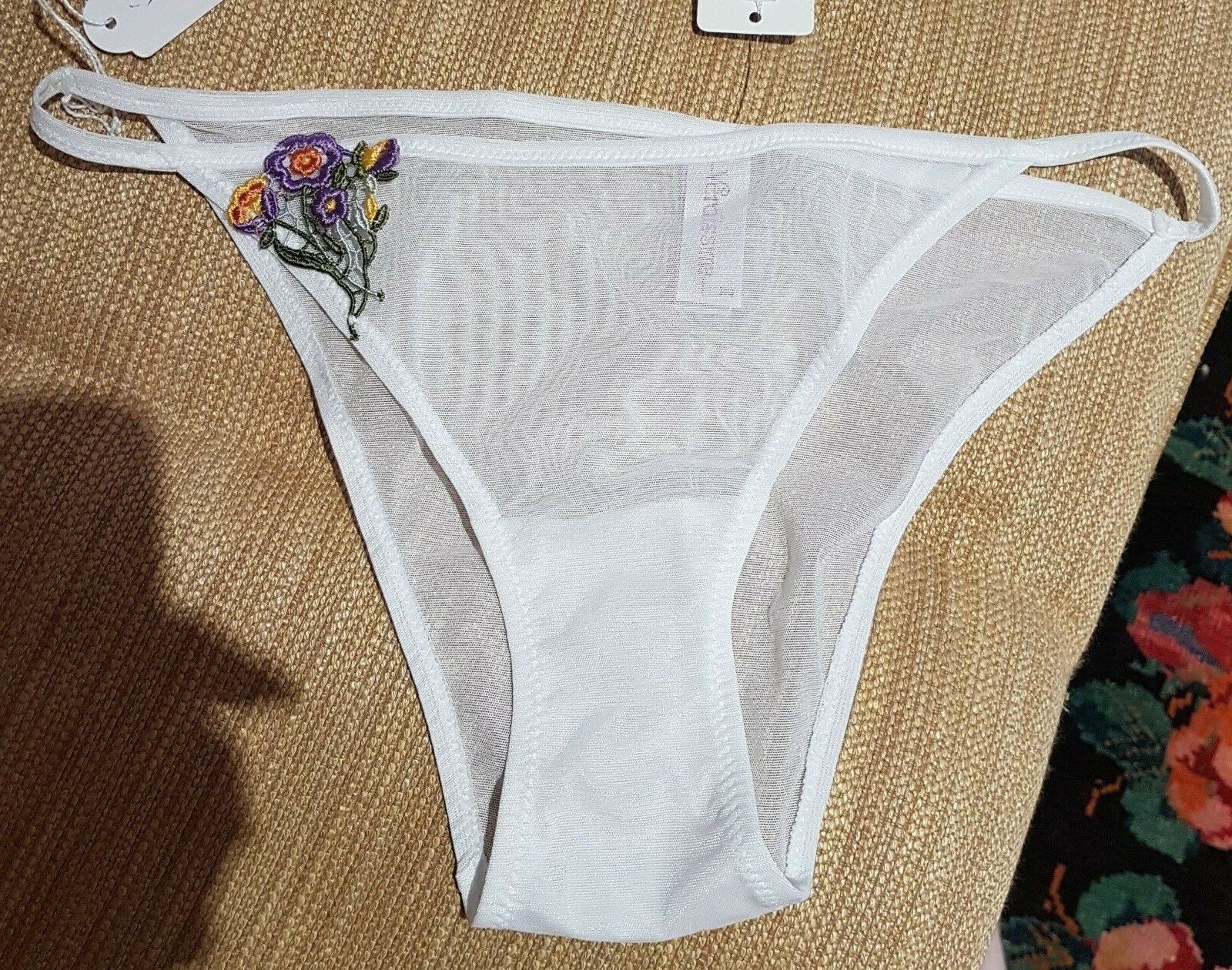 Verdissima Sheer White Mesh Embroidered MANGO Multi Flower Brief