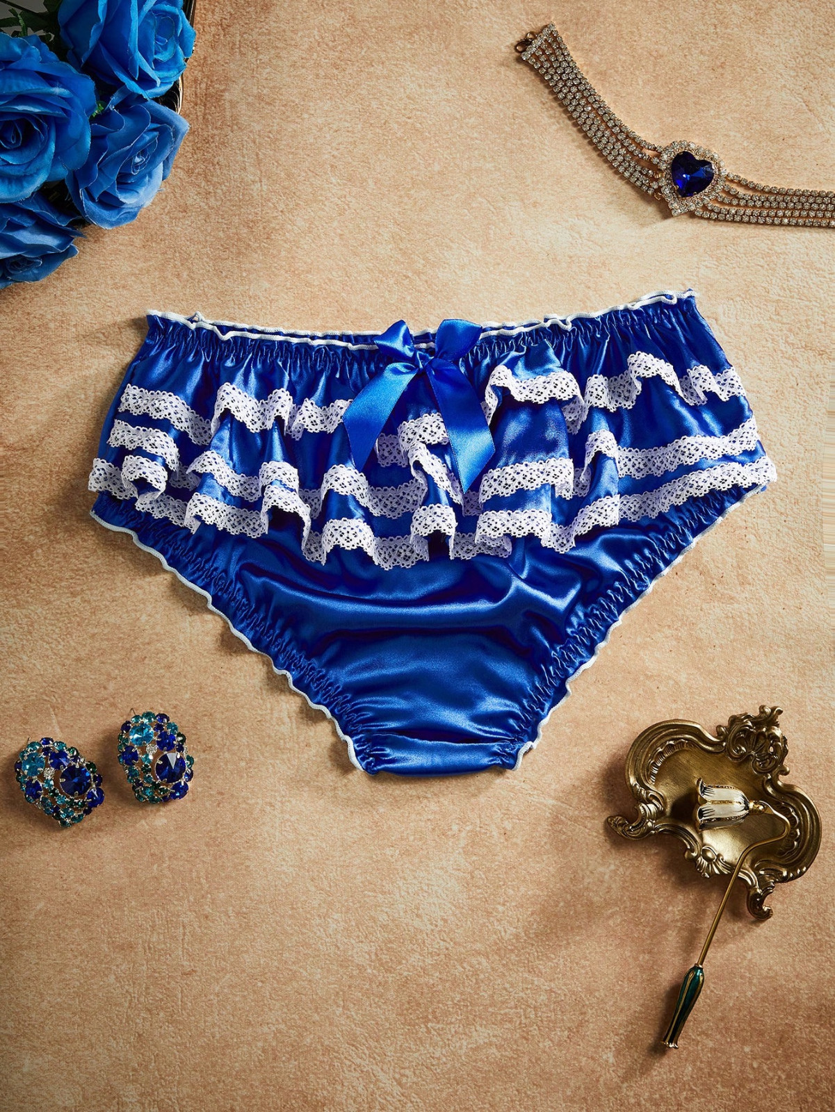 Women’s Kawaii Sissy Blue Pinup Satin Ruffle Frilly Lolita Lace Brief Panty