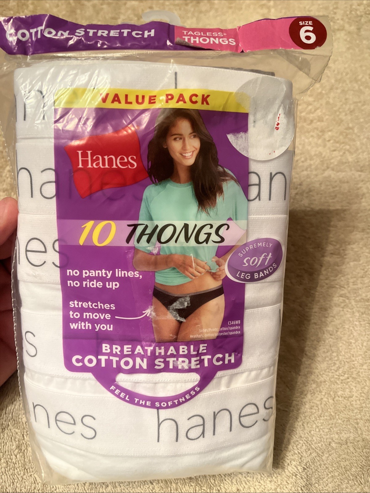 10 Pairs HANES Ultimate Size 6 / M White Cotton Women Thong Panties New