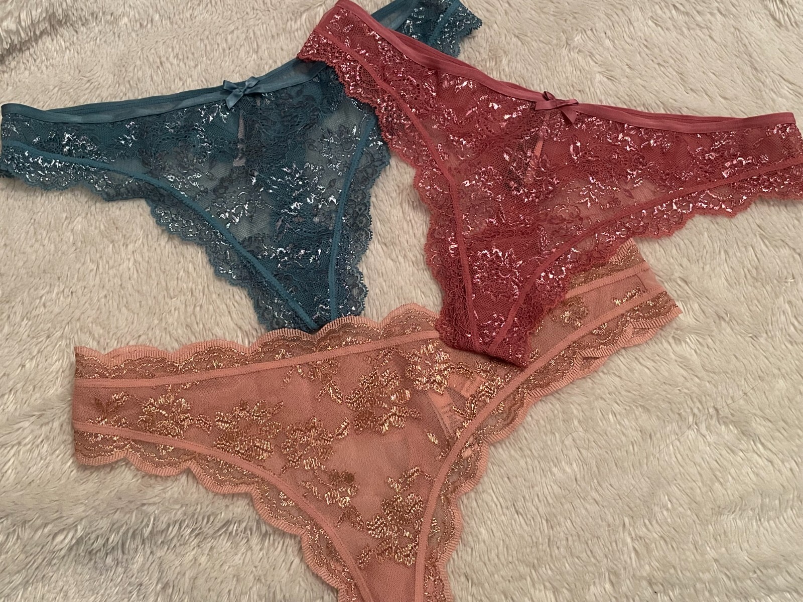 2018 XL VICTORIA’S SECRET Very Sexy THONG Panty Shimmer Lace Set Lot 3 Blue Pink