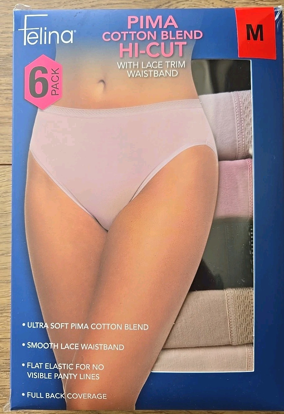 Felina Women’s 6-Pack Pima Cotton Hi-Cut with Lace Trim Panties, Multicolor, MD