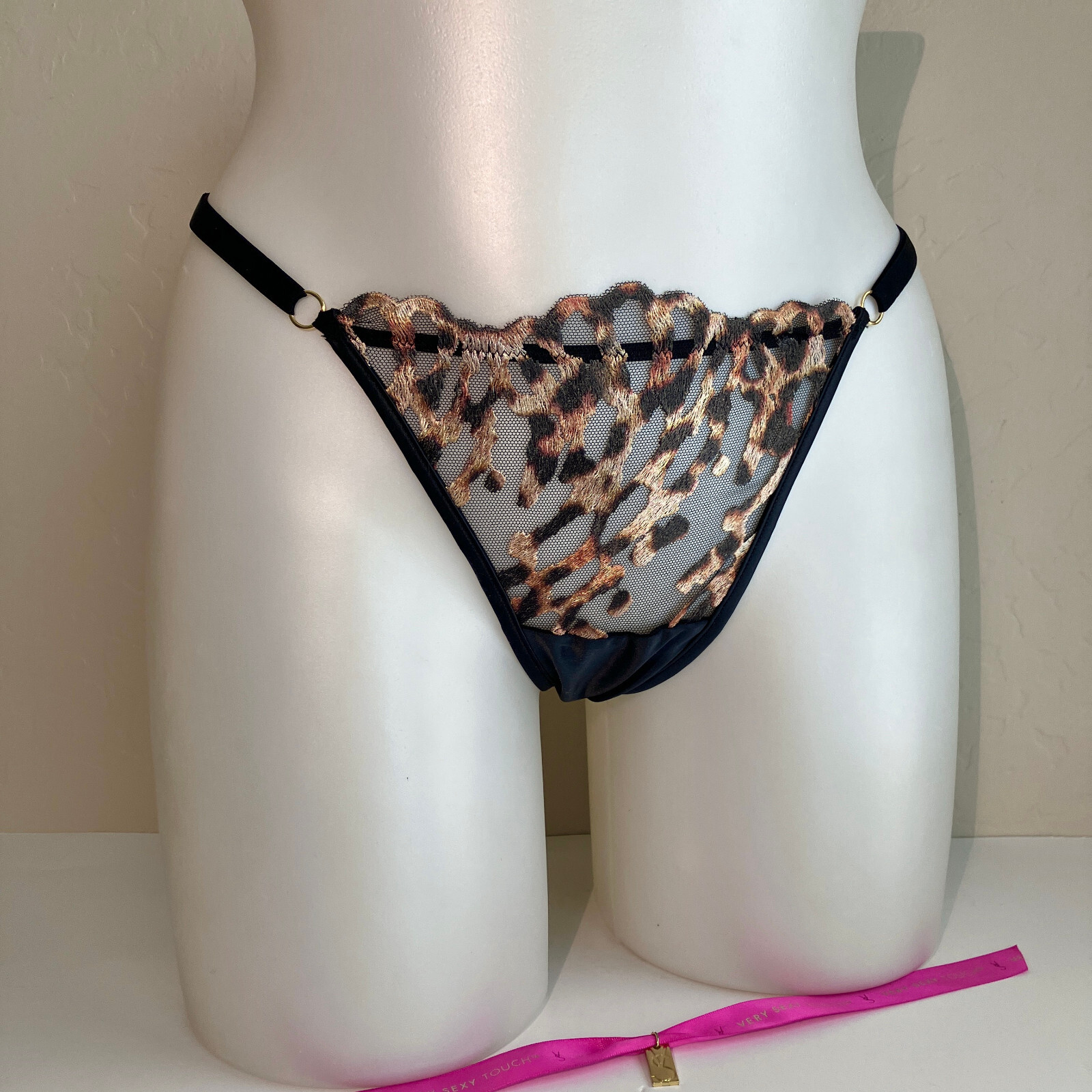 Victoria Secret SEXY THONG Cut Out Panty Panties Black Leopard Mesh Satin NWT M