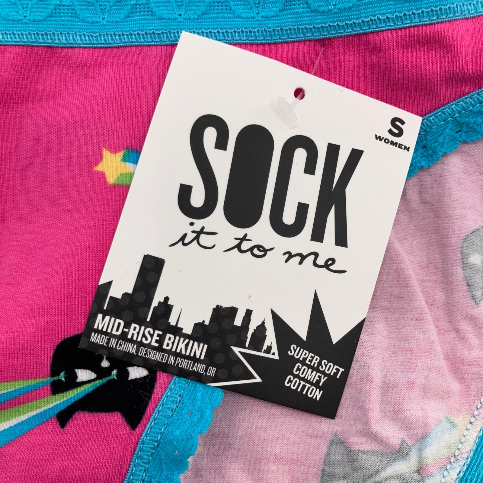 Sock It To Me Pink Black Cat Laser Eyes Cotton Blend Mid-Rise Bikini Underwear
