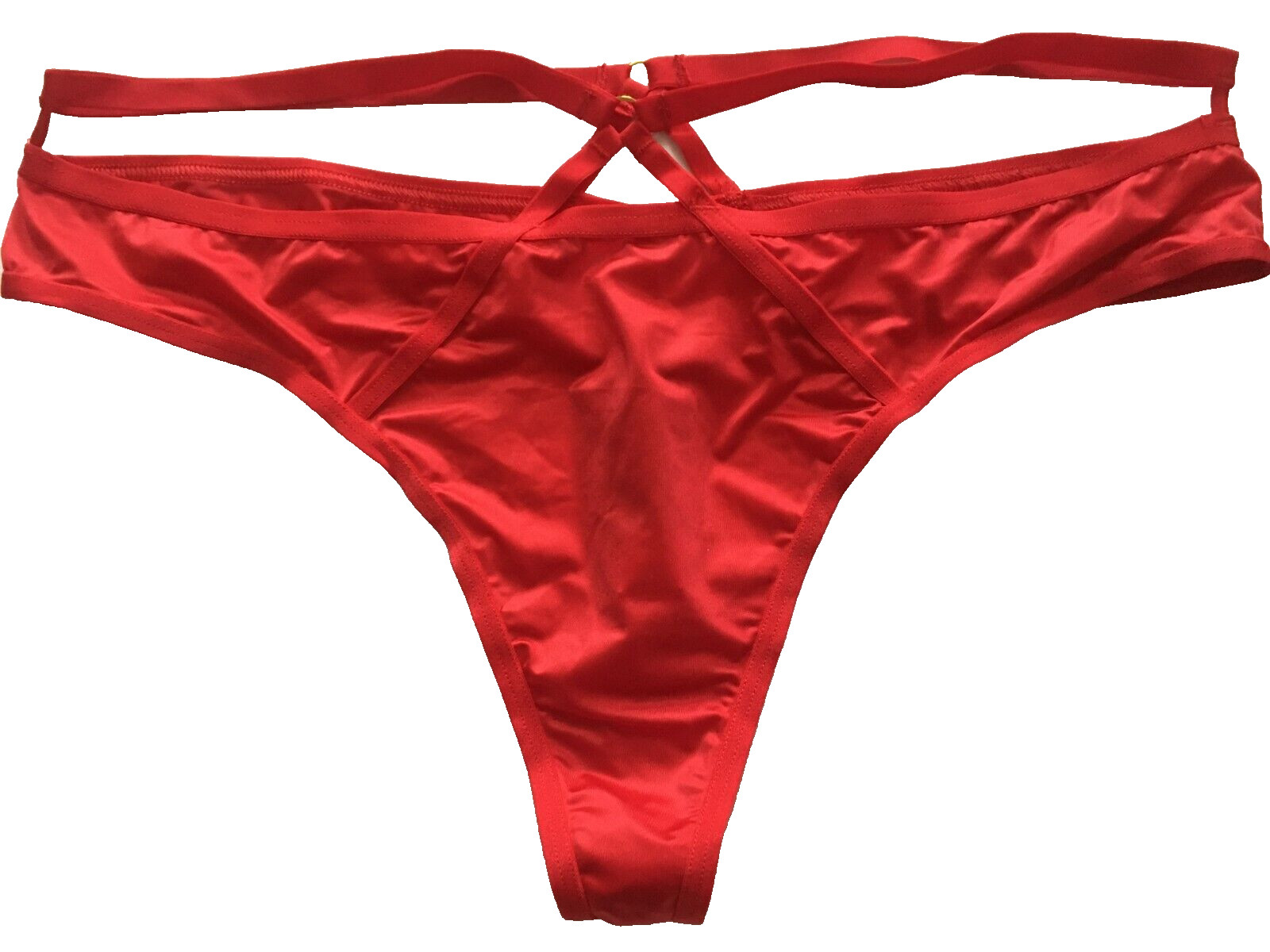Victorias Secret Sexy Red Silky Strappy Cut-Outs Thong Panties M Metal Accents