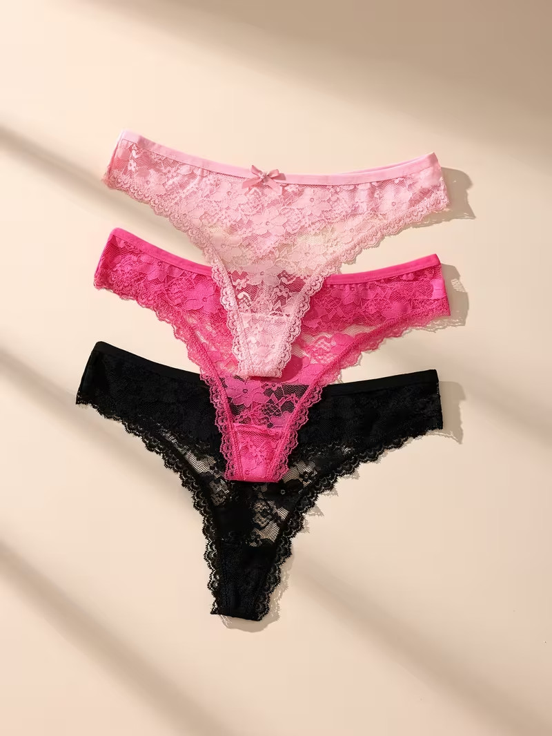 6pcs Women’s Lace Thongs with Bow Detail -Soft, Breathable, Stretchy Underwear L