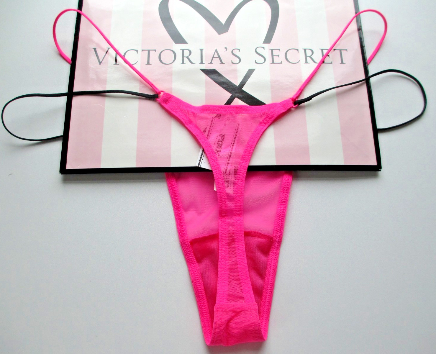VICTORIA’S SECRET PINK Strappy Micro Thong Panty VS Pink Black Mesh S M L XL