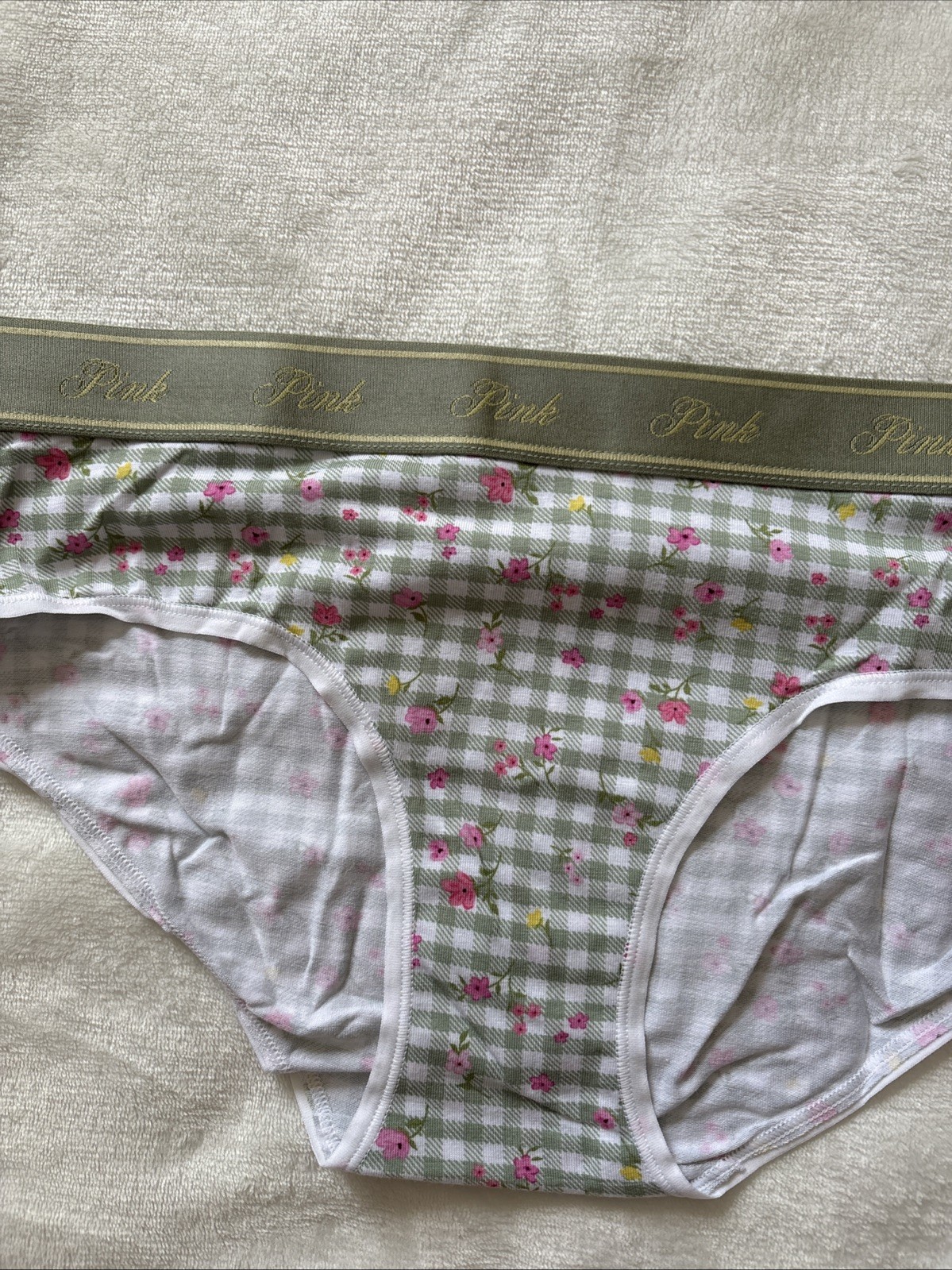 PINK Victoria’s Secret Panties Hiphugger Panty Cotton Green Check Floral Large L