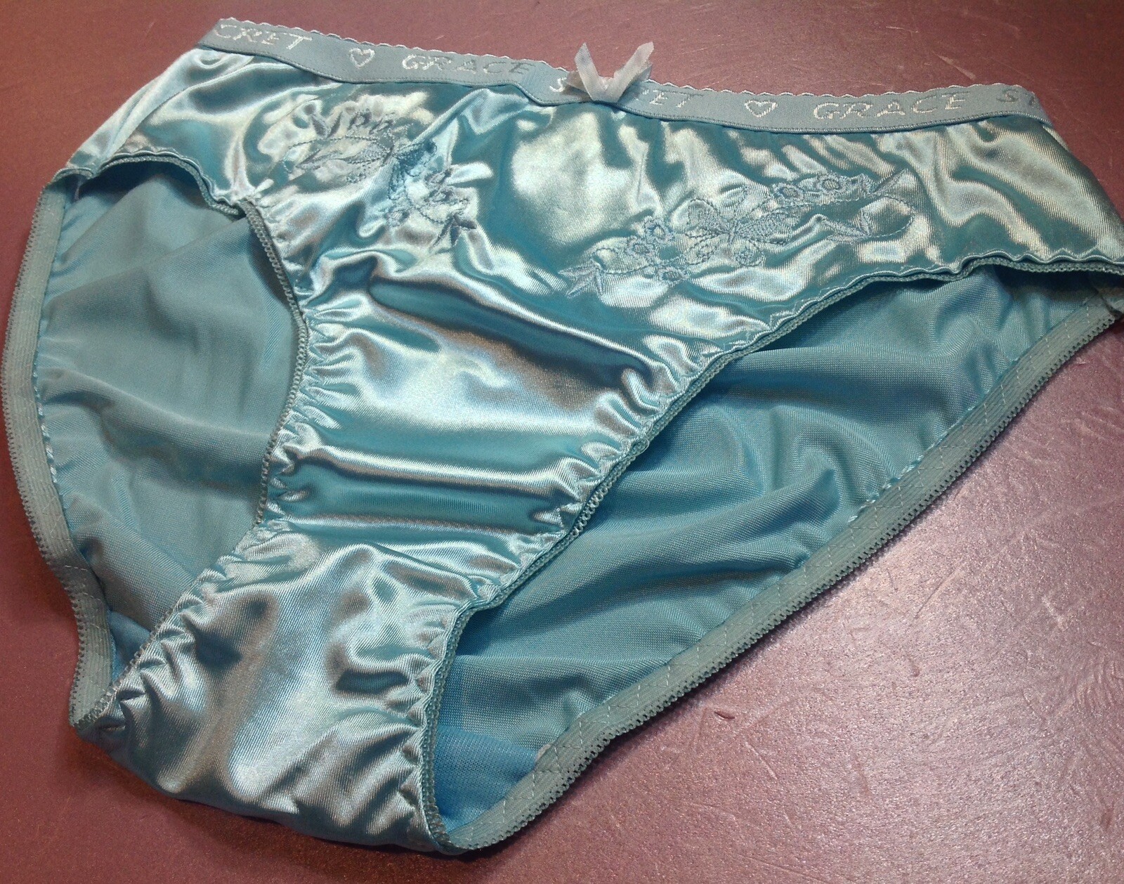 Women Panties Bikinis GRACE Size L. Sea Blue Nylon Satin W/Decoration Elastic