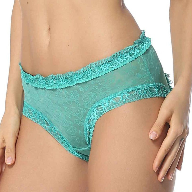 Lace Brief Panties Turquoise Solid S Sheer Semi-Transparent Mid Rise