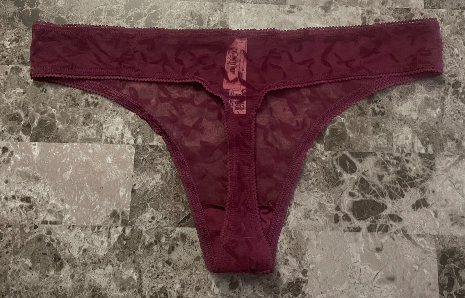 NWT VICTORIA’S SECRET XL MAROON BOW FLOCKED VELVET LIKE MESH THONG PANTIES