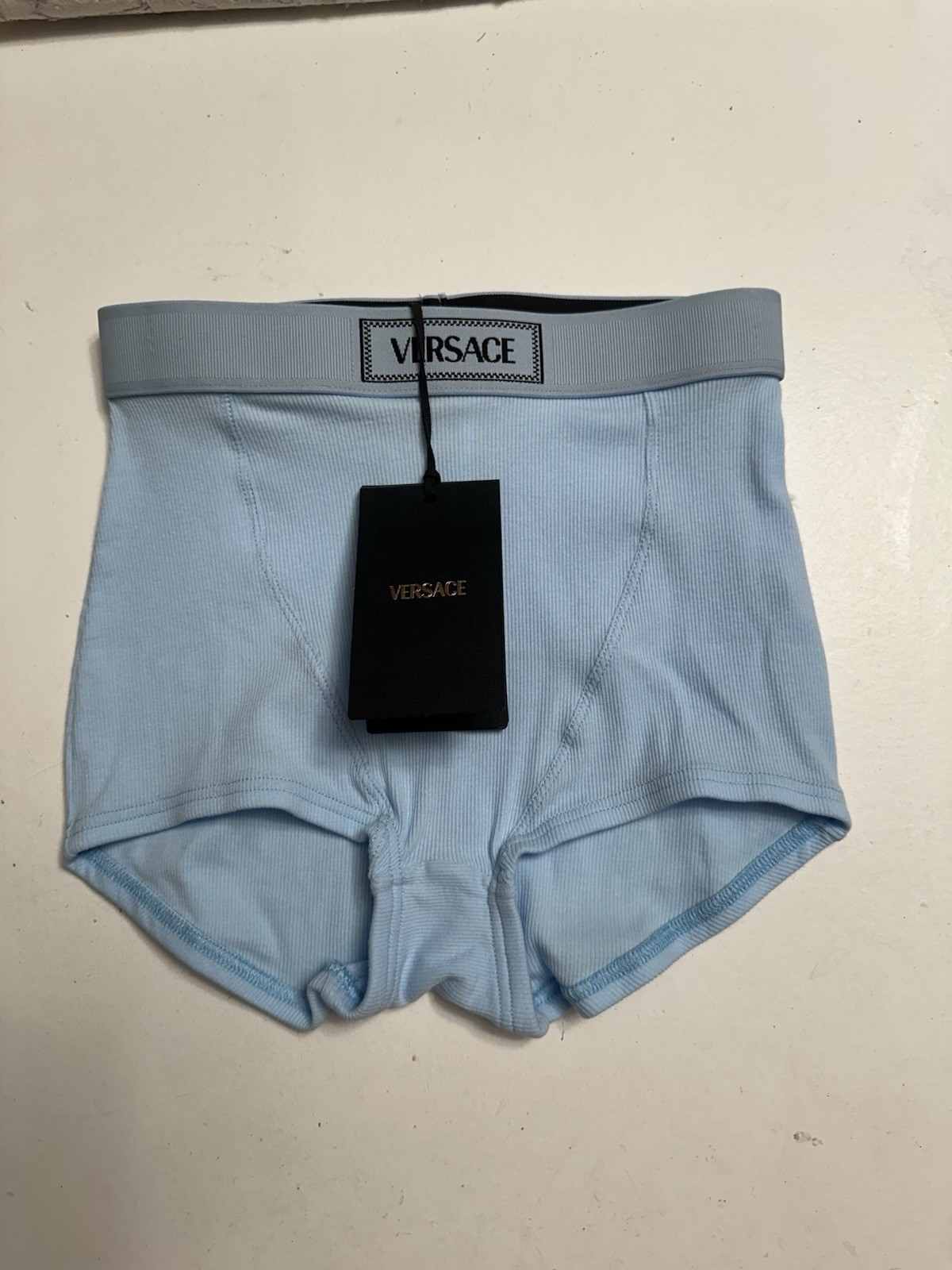 Versace 90s Vintage Logo Ribbed Shorts Light Blue Size 1 NWT Authentic $150