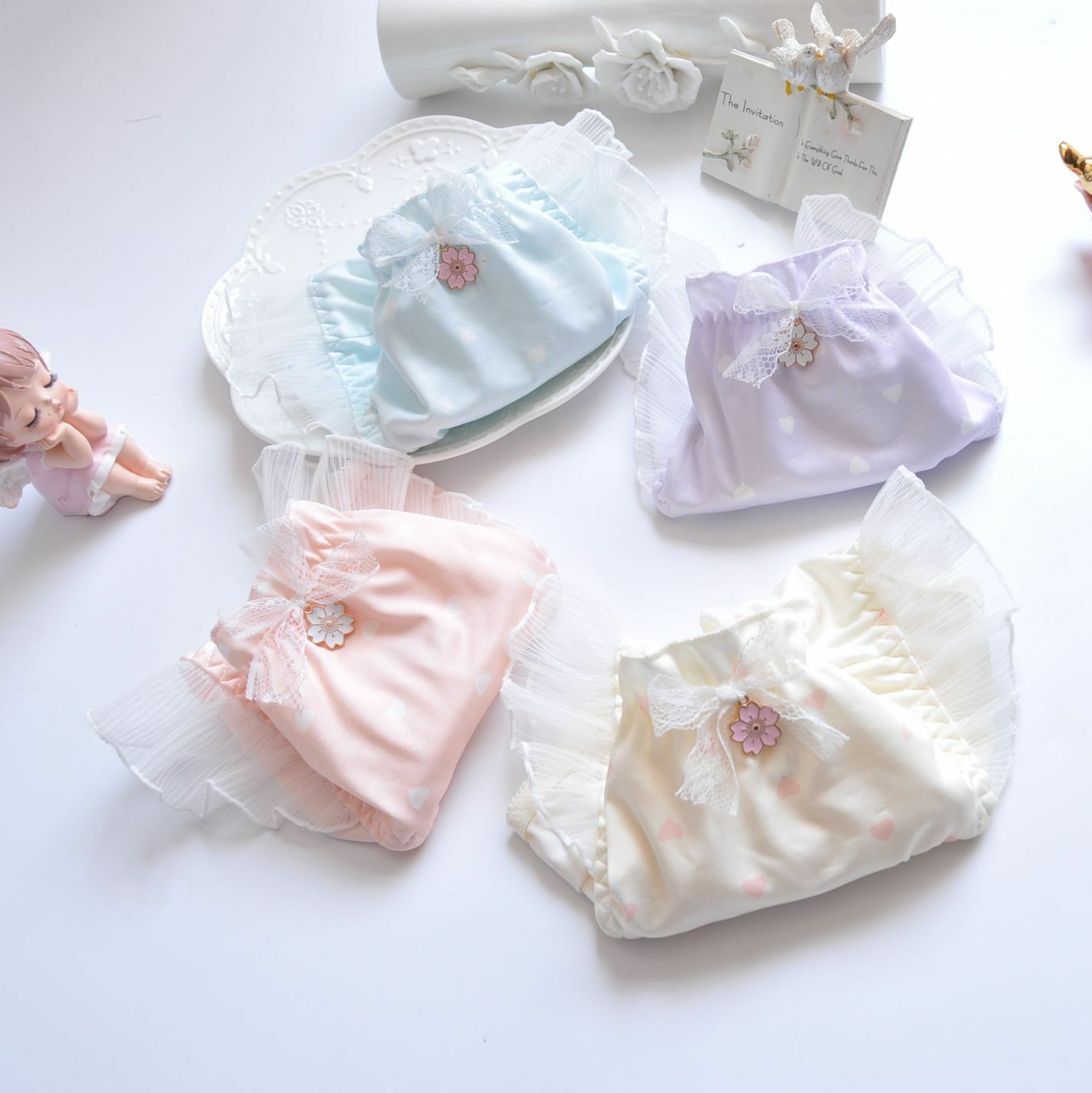 4pcs Womens Underwear Ruffle Knicker Cheeky Milk Silk Lolita Bikini Frilly Panty