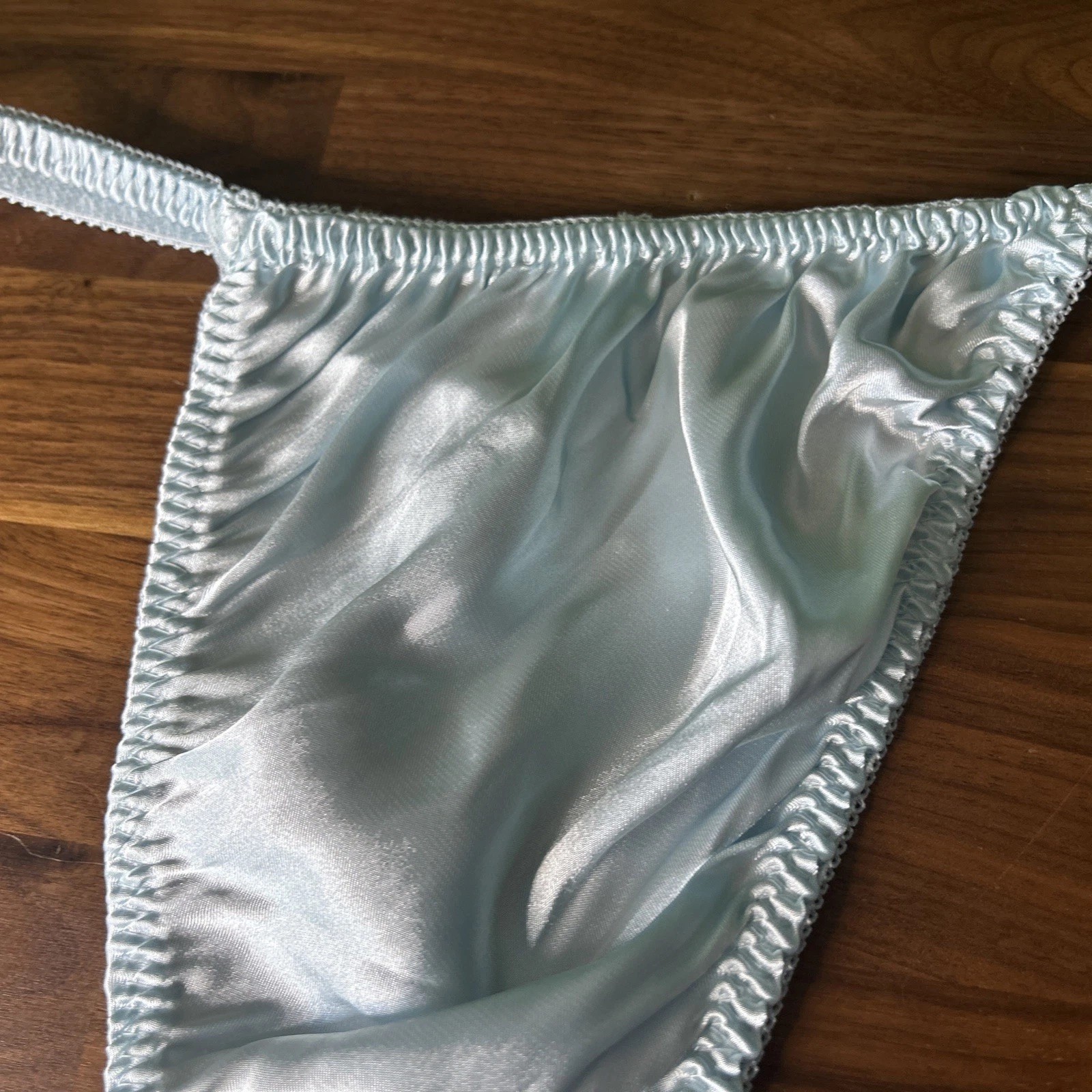 Vtg SATIN STRING BIKINI Thong PANTIES Baby Blue Second Skin Shiny Sz XL Hi Cut