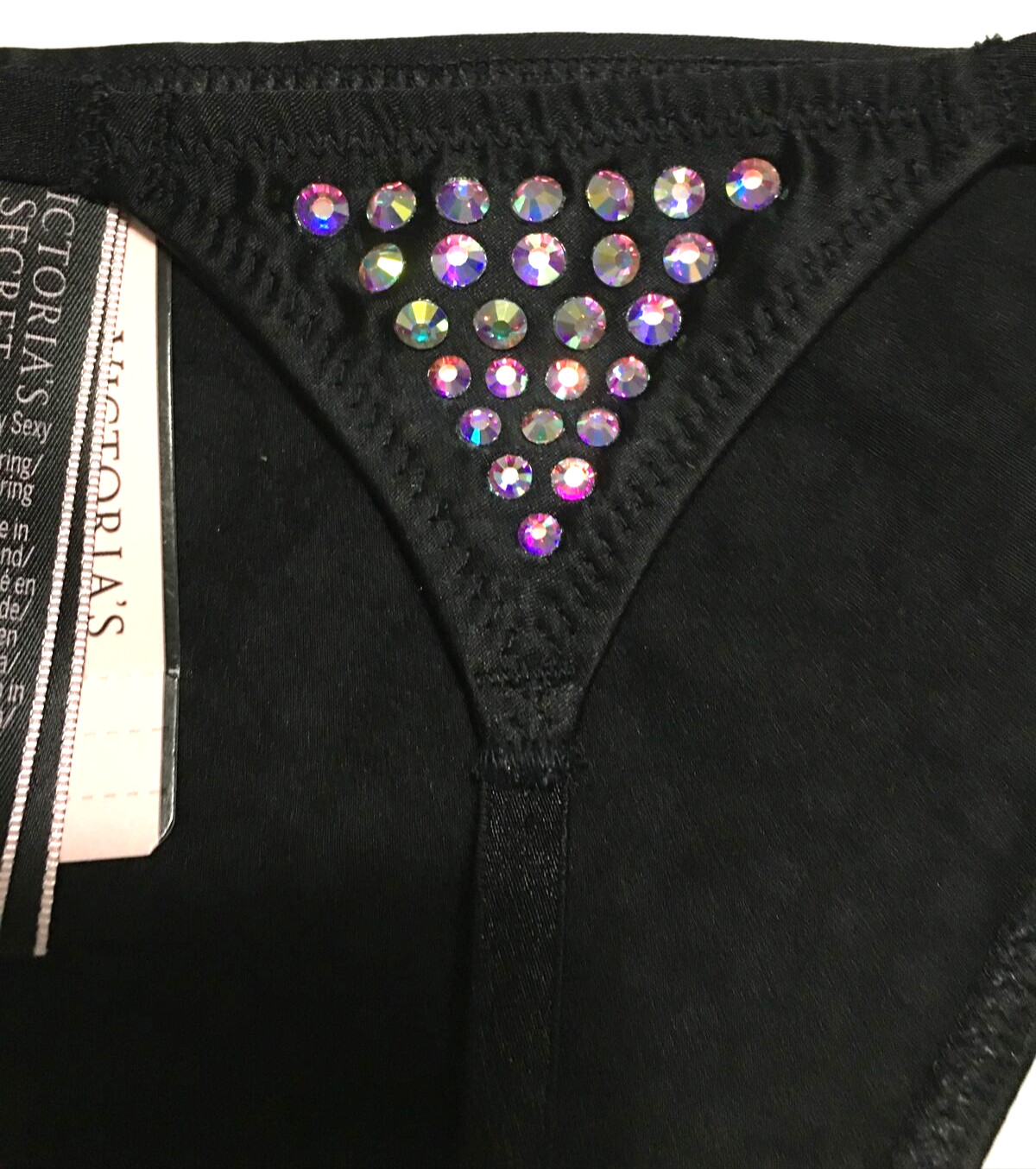 Victorias Secret Very Sexy Black Rhinestones V-String Thong Panty Size M Sparkly