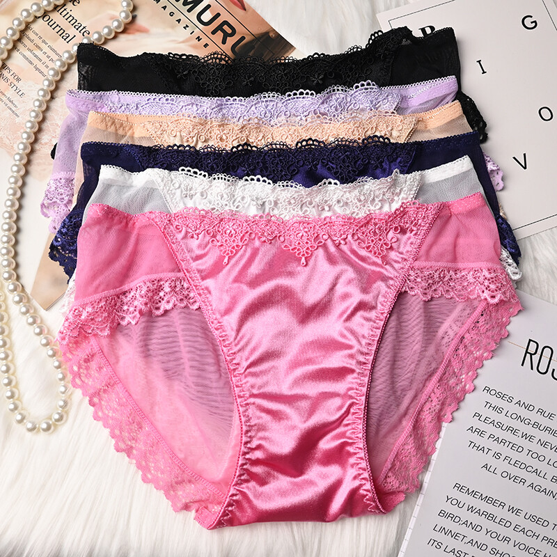 6 Packs Lot Sexy Women Satin Panties Full Briefs Lace Sheer Underwear Lingeries