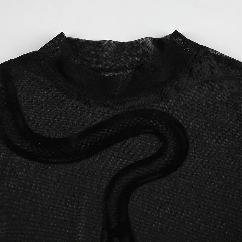 New spicy girl snake print perspective sexy splicing round neck mesh bodysuits
