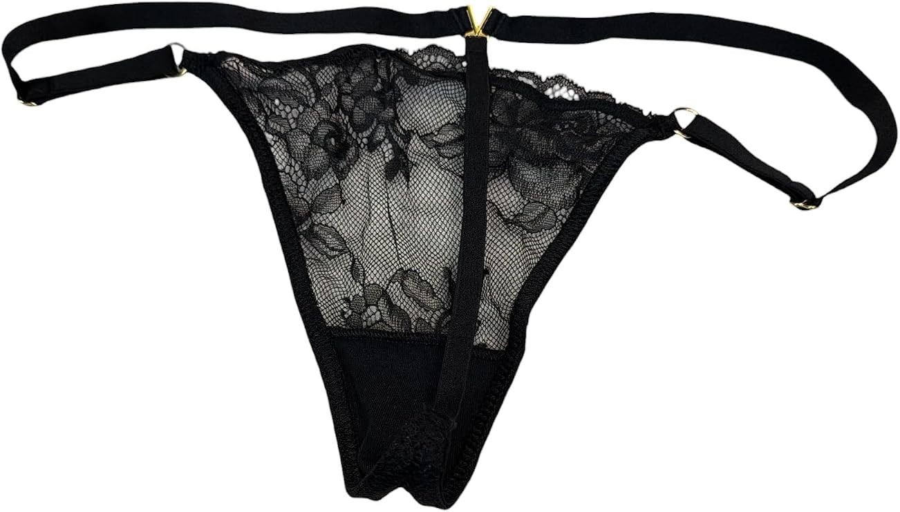 Victoria’s Secret NEW Black Lace VString Thong Gold Accent Sheer Floral XL Women