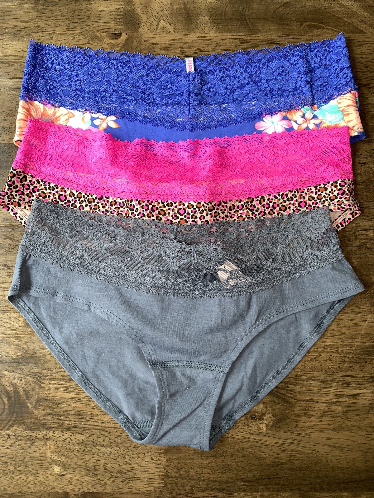 (3) Victorias Secret Pink Hibiscus Flower Leopard Pink Gray Lace Panty Sz M
