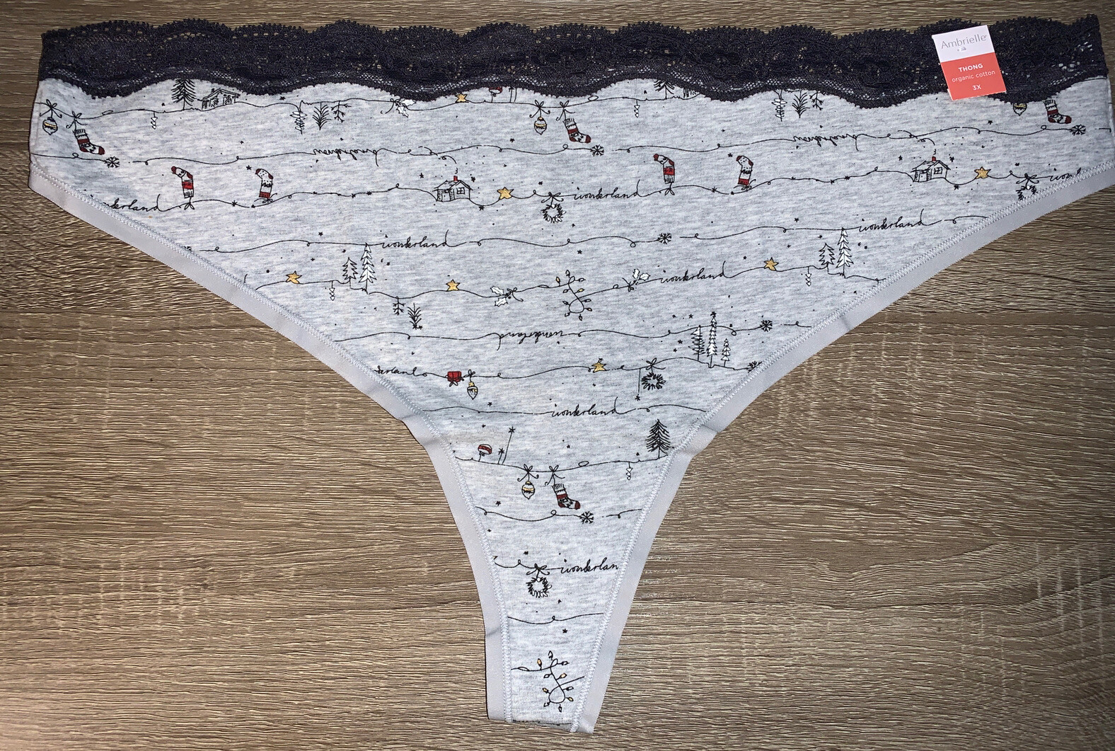AMBRIELLE 3X Organic Cotton Thong Panty Wonderland Print Lace Waist Holiday NWT