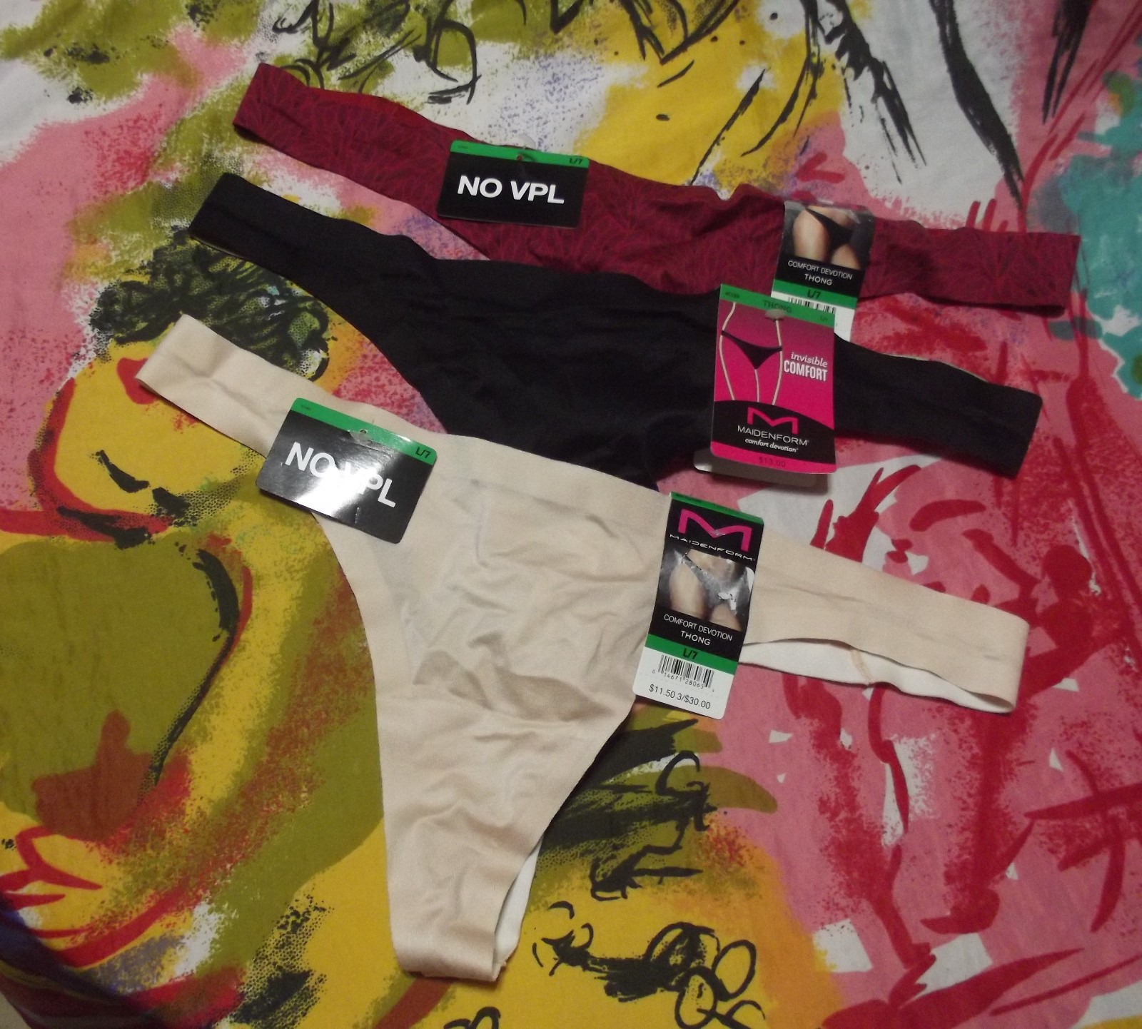 3 NEW MAIDENFORM COMFORT DEVOTION 40149 BKB NO VPL MF THONG PANTIES L/7