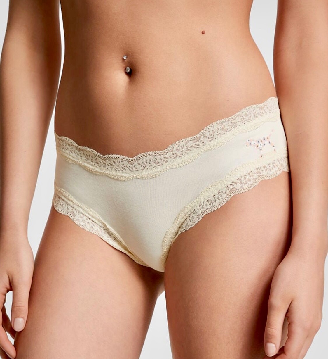Victoria’s Secret PINK Lace Trim Cheekster Panty Ivory Rhinestone Dog Large NWT