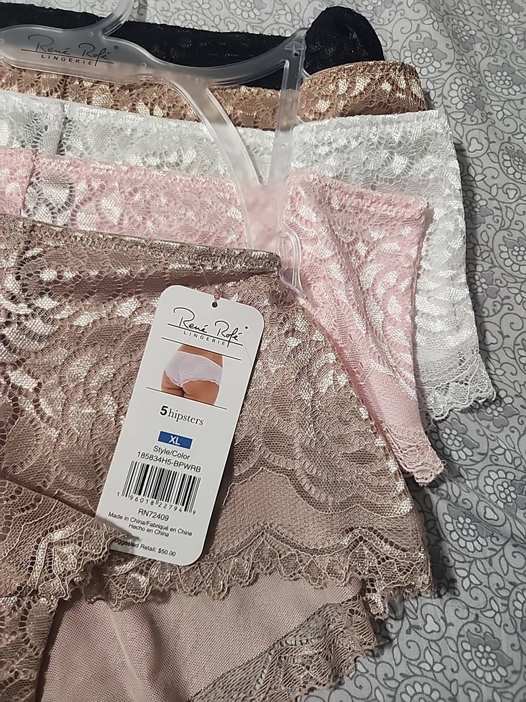 XL Rene Rofe Hipsters 5 Pack Tan White Pink Black Cream Lace Floral Design