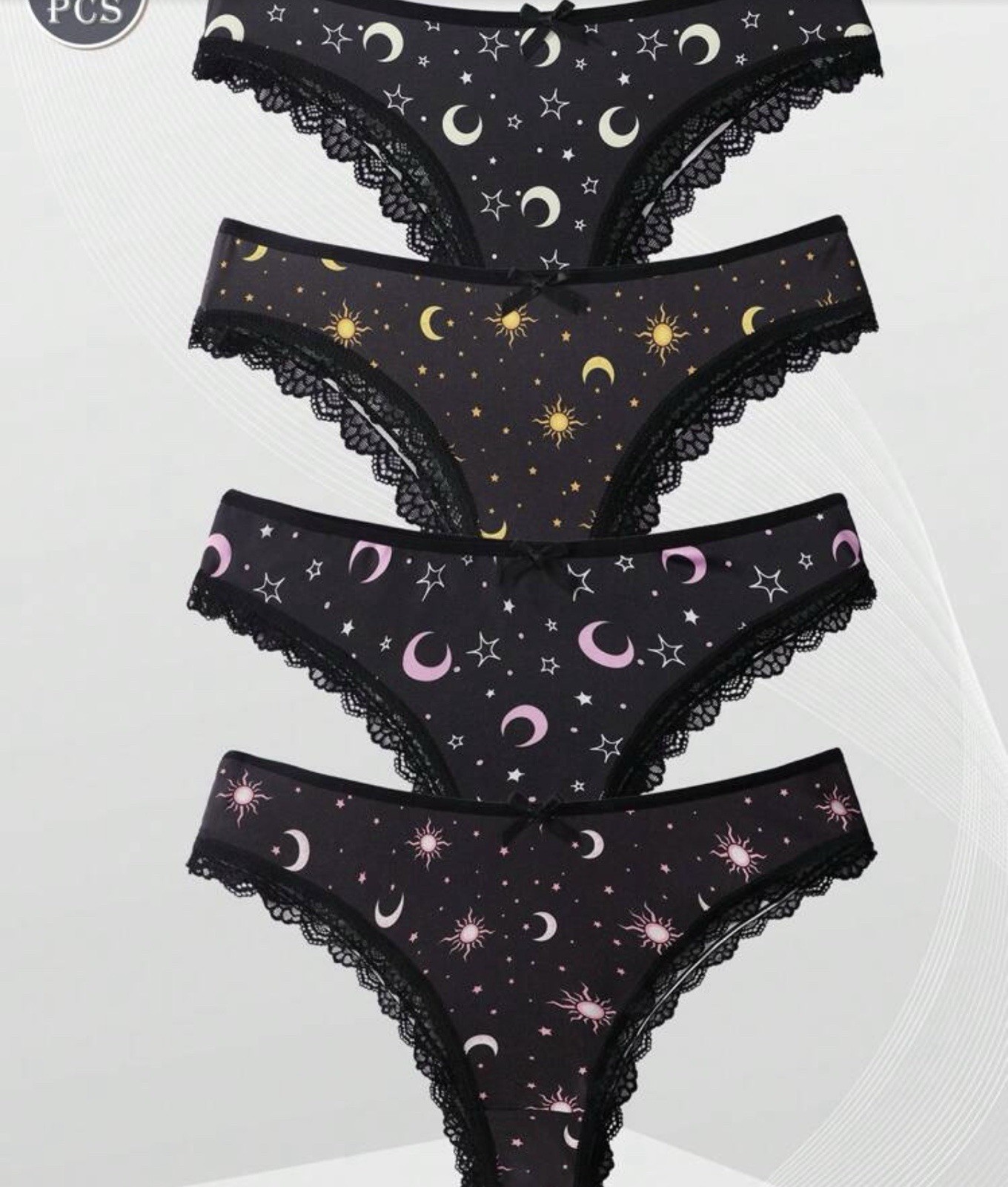 Women’s Teen’s Celestial Stars & Moons Bikini Panties Lace Stretch 4pk (8) Large