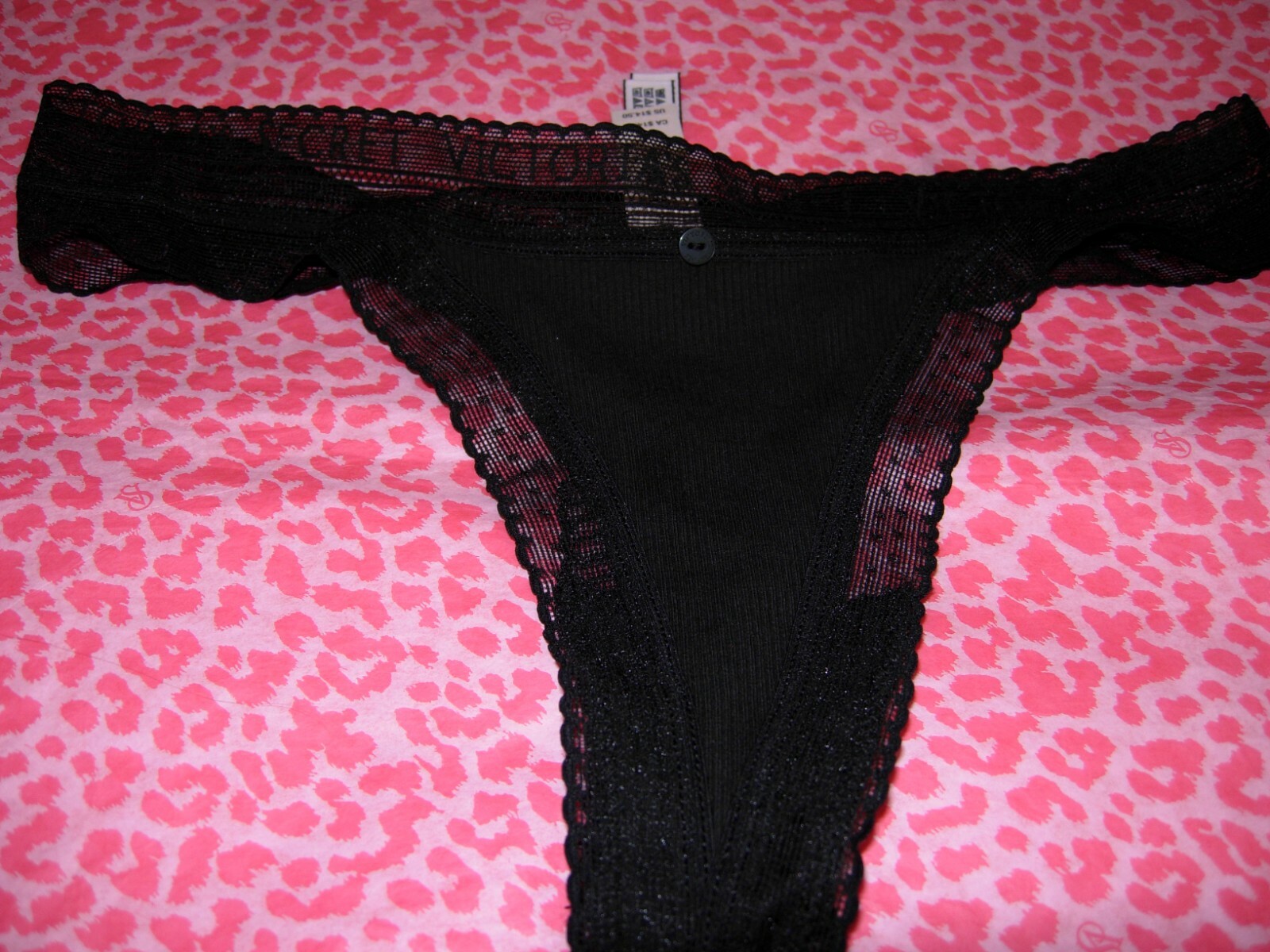 Victoria’s Secret Sexy Sheer Thong Button Black Sheer Logo Waistband XL NWT