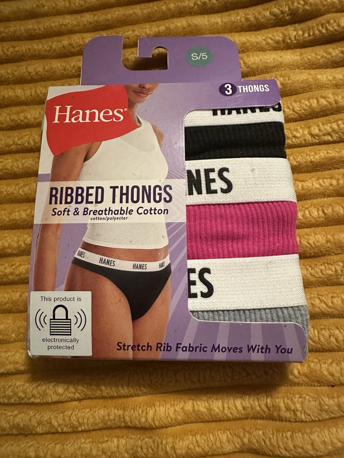 Hanes Women’s Ribbed Thong Panties 3-Pack Breathable Stretch Tagless S/5