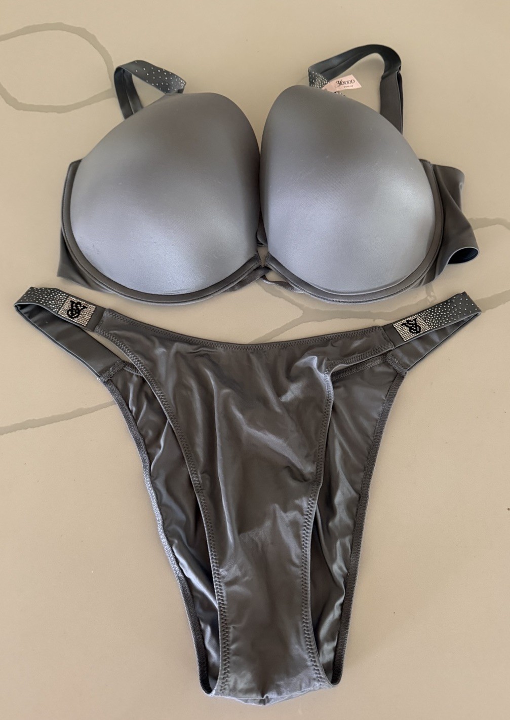 Victoria’s Secret VERY SEXY Bling Strap Bra & Panty Set Gray Satin 36DDD/XL NWT