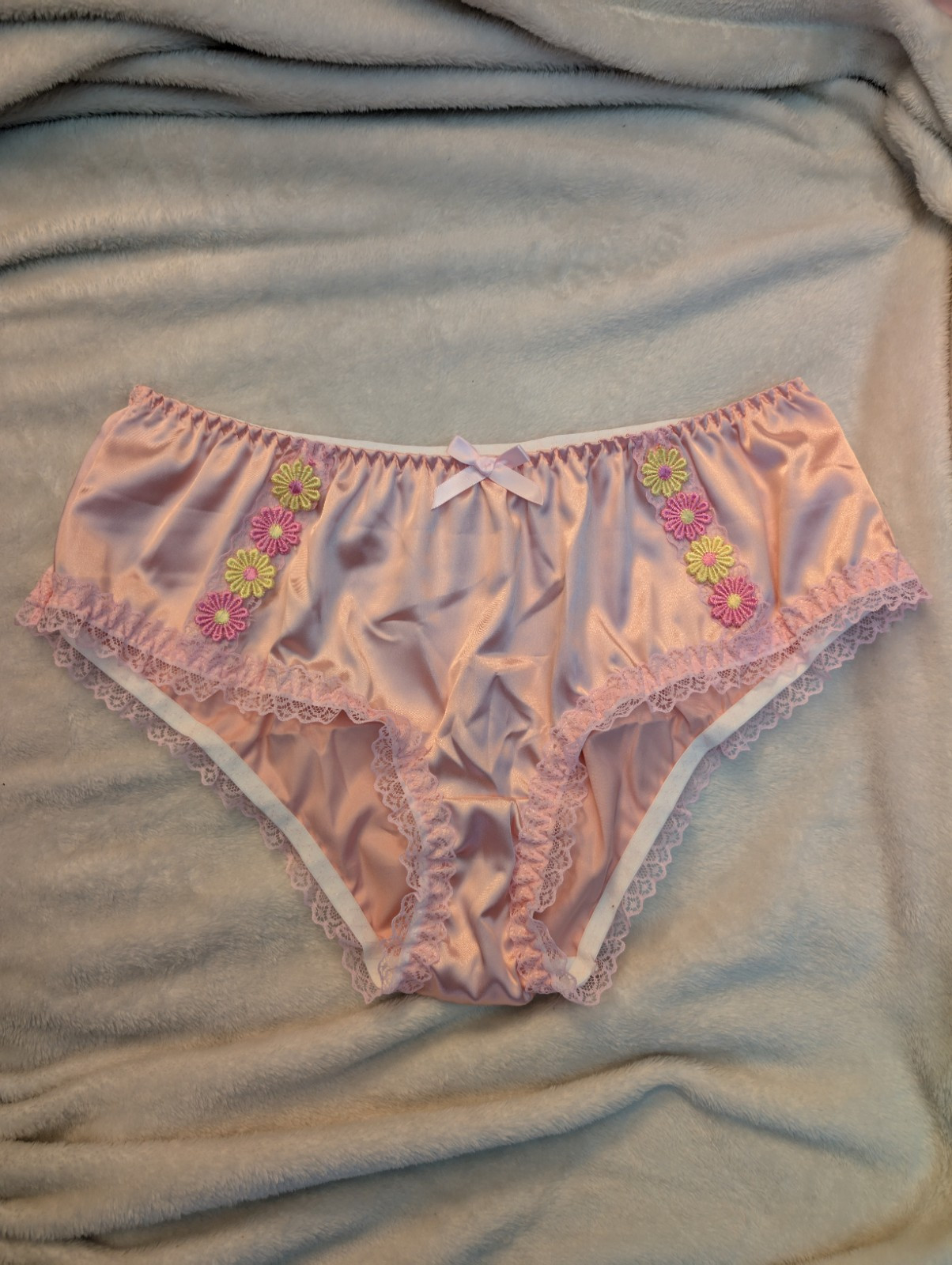 Kawaii Japanese Floral Pink Flowers Lolita Bow Sissy Satin Lace Brief Panty