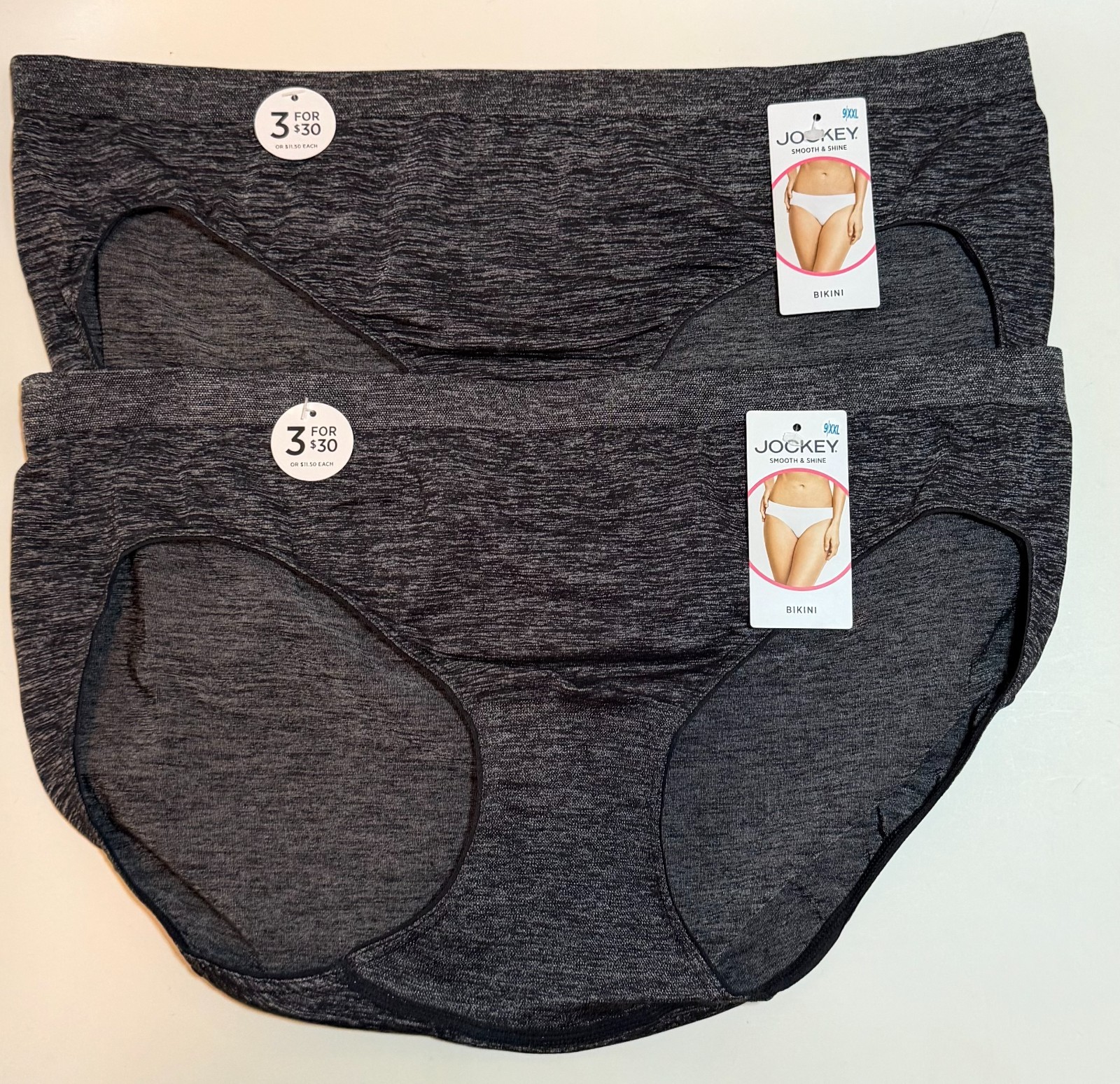 NWT 2 Jockey BIKINI Panties Smooth & Shine 2186 Heather Black Size 9/XXL