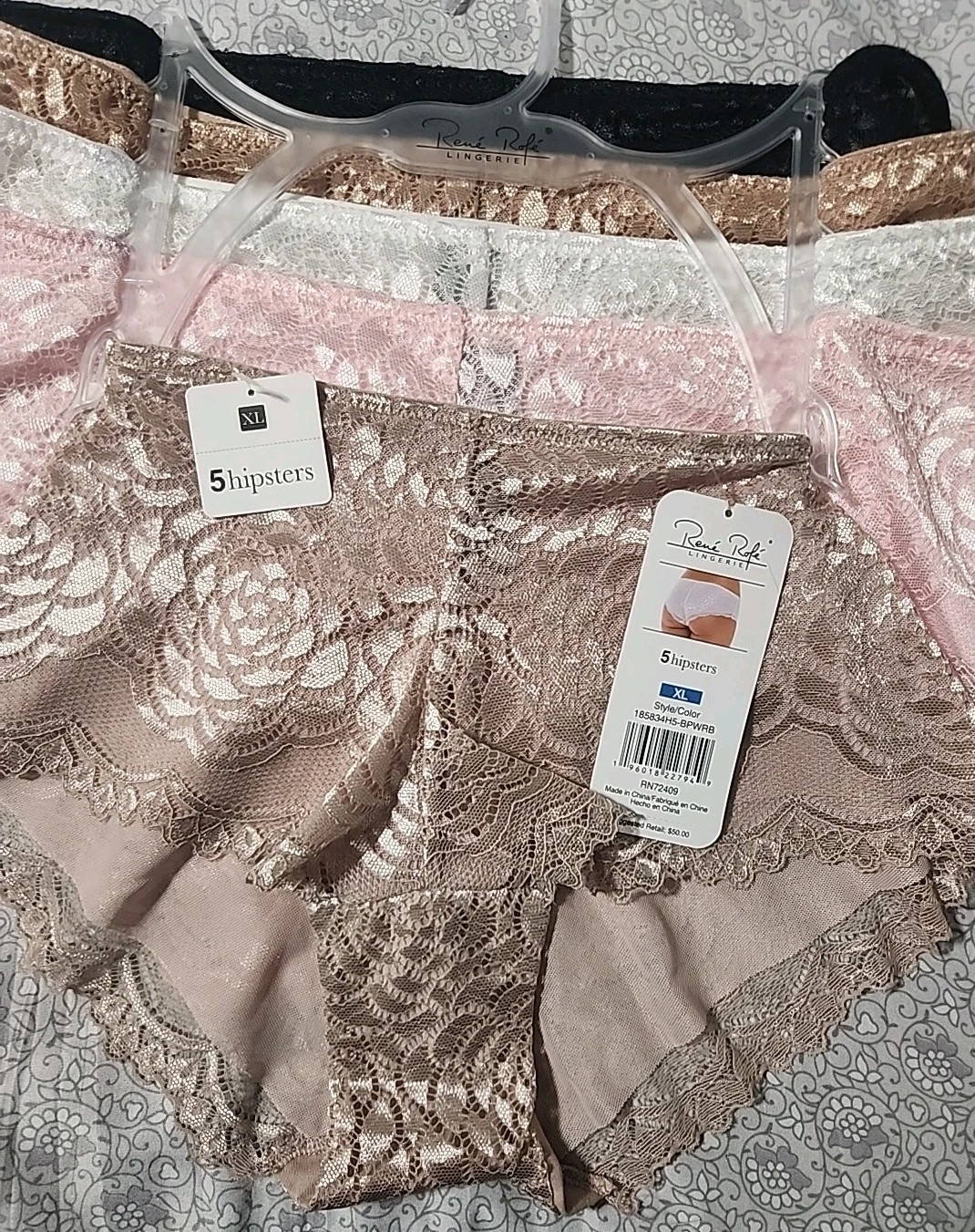 XL Rene Rofe Hipsters 5 Pack Tan White Pink Black Cream Lace Floral Design