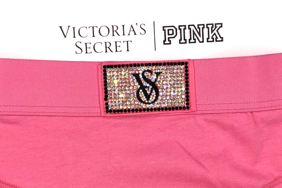 VictoriasSecret NWT Medium Pink Shine Patch Hiphugger Panty Logo Rhinestone Sexy