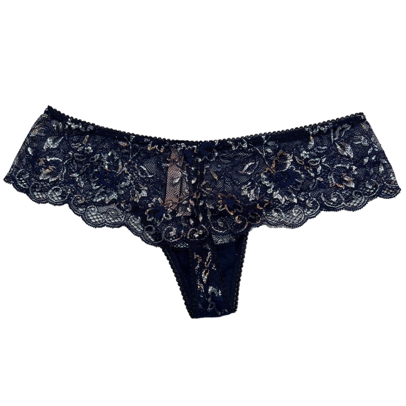 NWT VICTORIA’S SECRET Wide Side Thong Sz M-L Blue Silver Metallic Lace