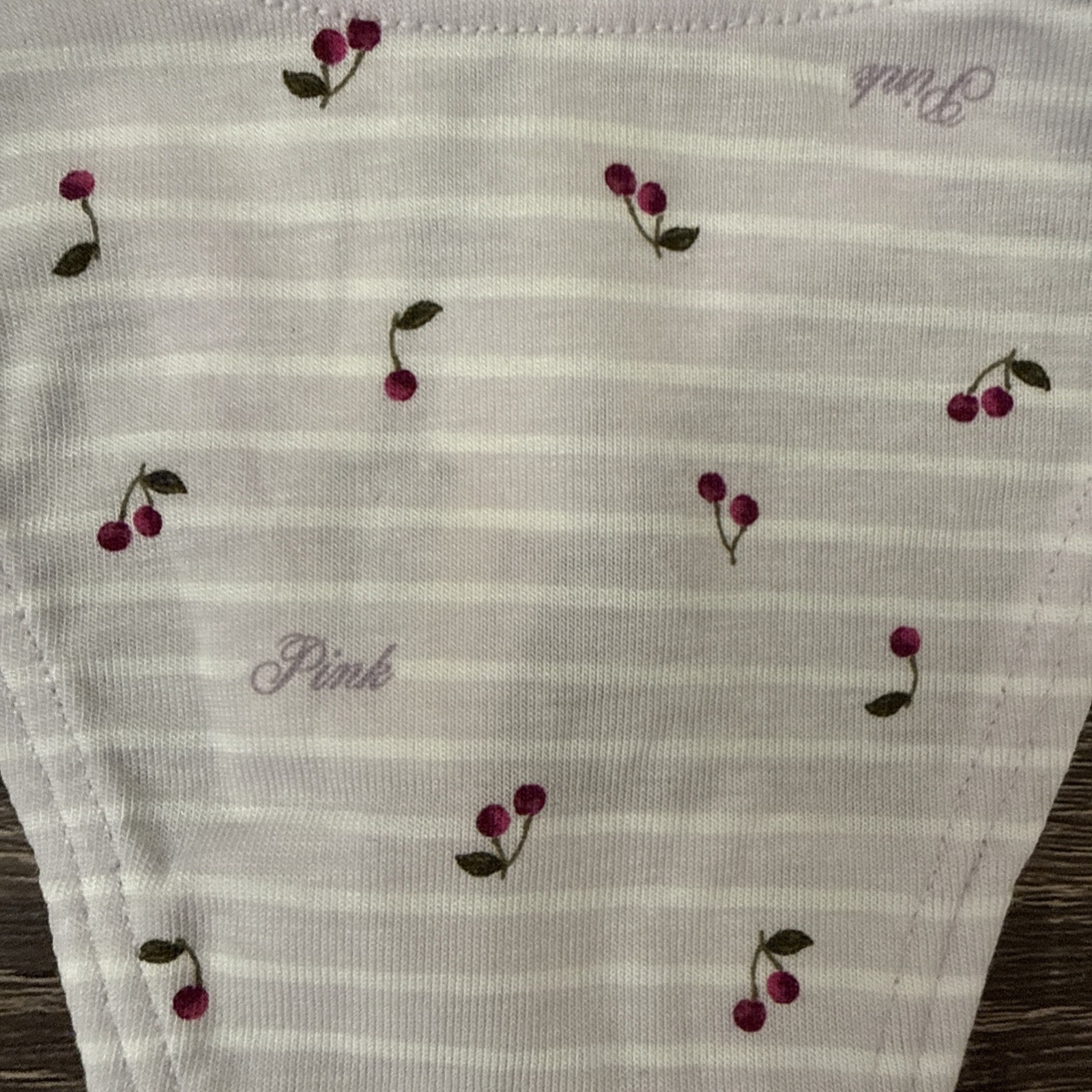 Pink By Victoria’s Secret Medium Lavender Cherries, Extra Low Logo Thong Panties